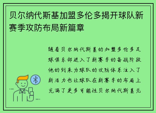 贝尔纳代斯基加盟多伦多揭开球队新赛季攻防布局新篇章